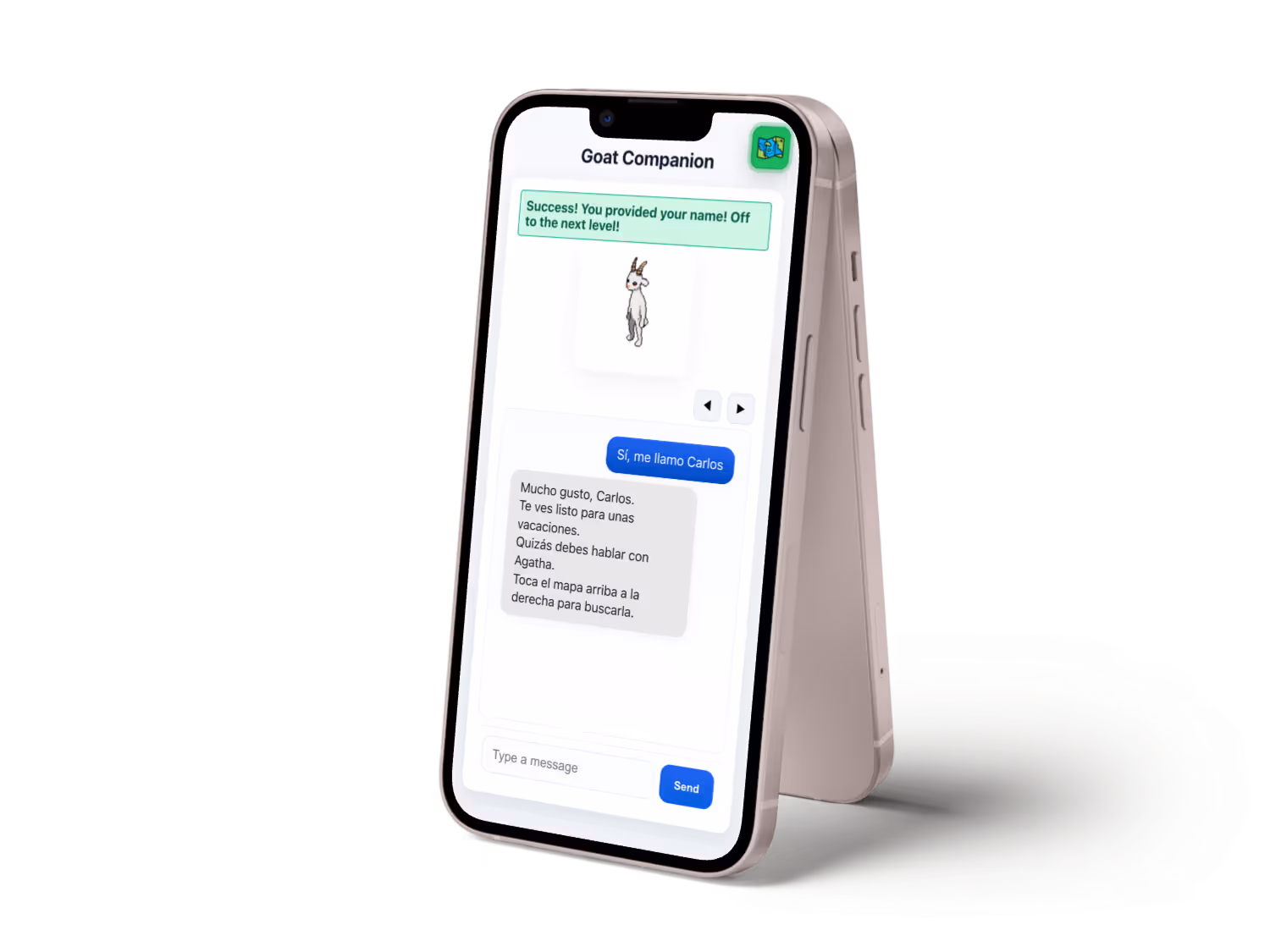 Smartphone displaying a chat app called Goat Companion with a conversation in Spanish about readiness for vacation and a small goat avatar.