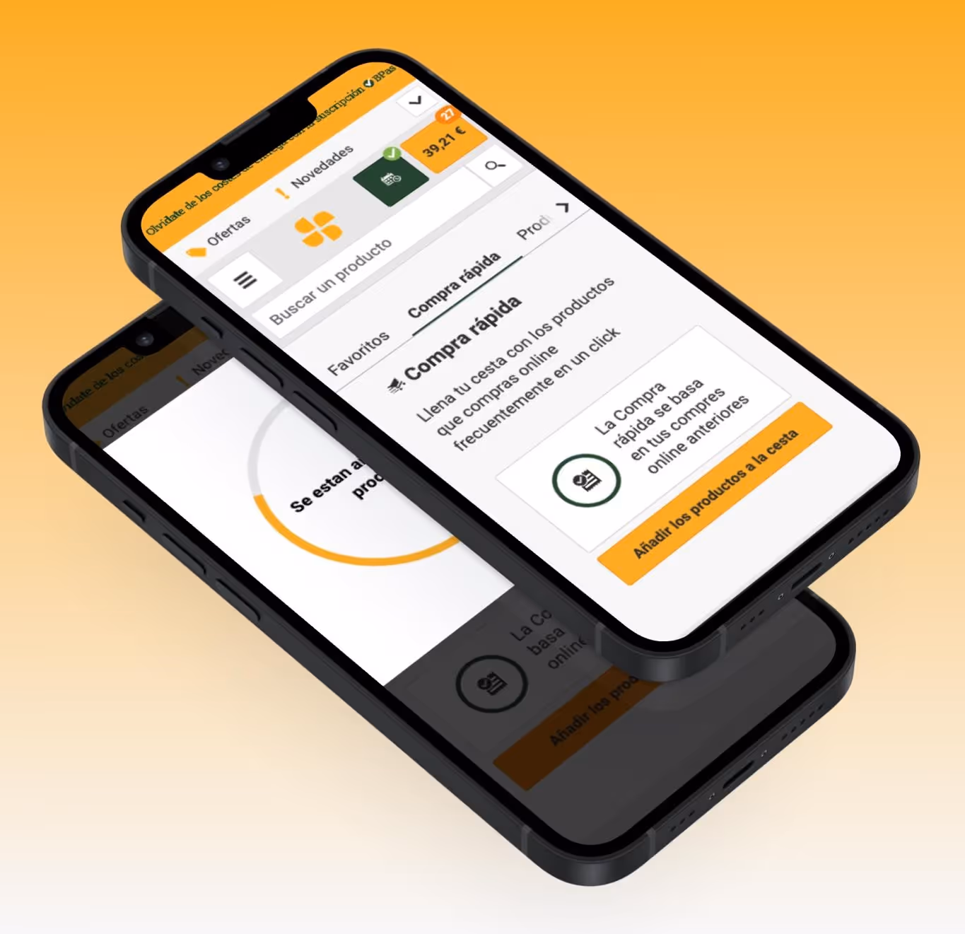 Two black smartphones displaying an online shopping app interface with a yellow-orange gradient background.