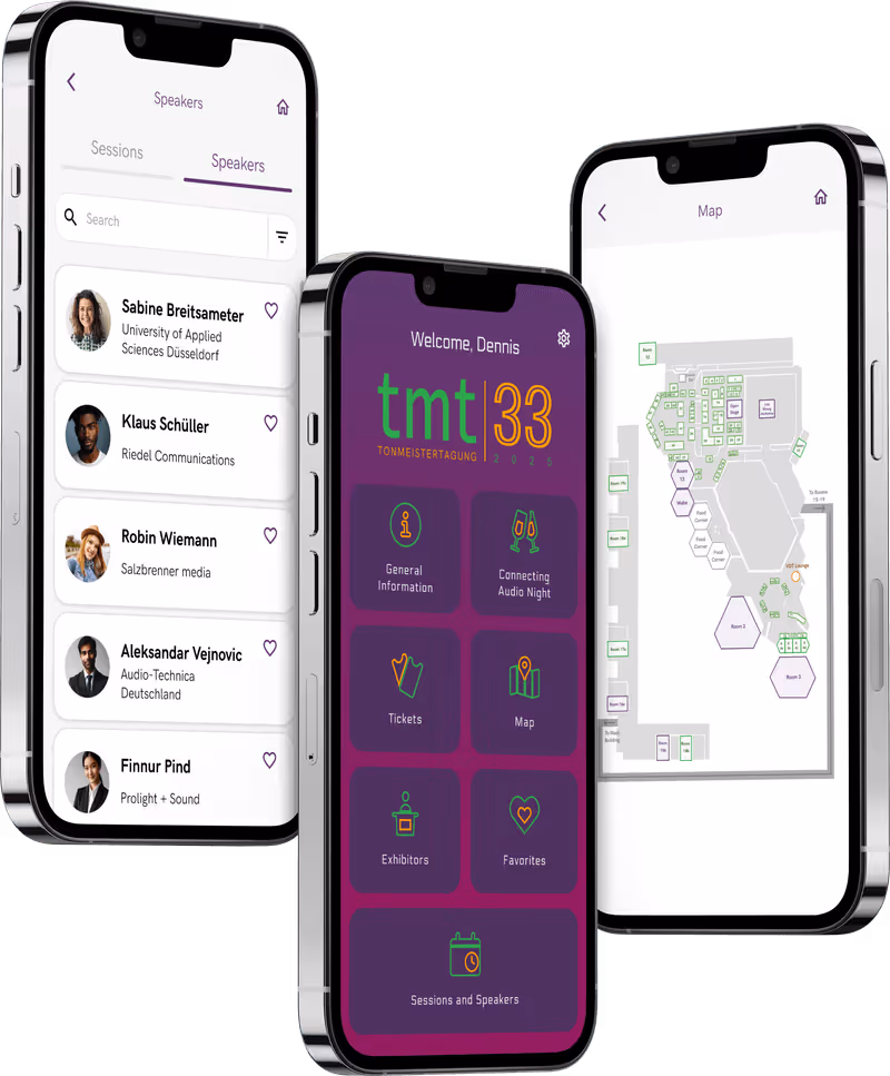 Three smartphones displaying a conference app with speaker list, event menu, and venue map.